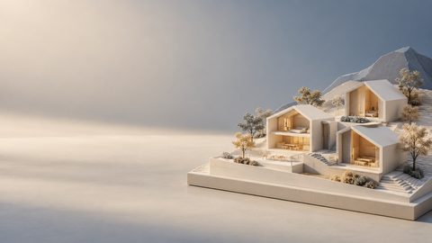 住宅の縮尺模型を用いた概念的な街並み。実在物件の掲載写真ではありません。