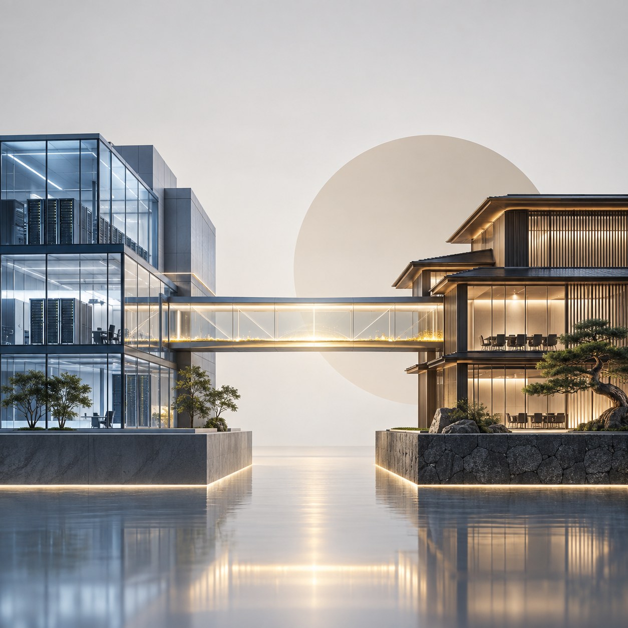 Architectural illustration connecting technology and practical work